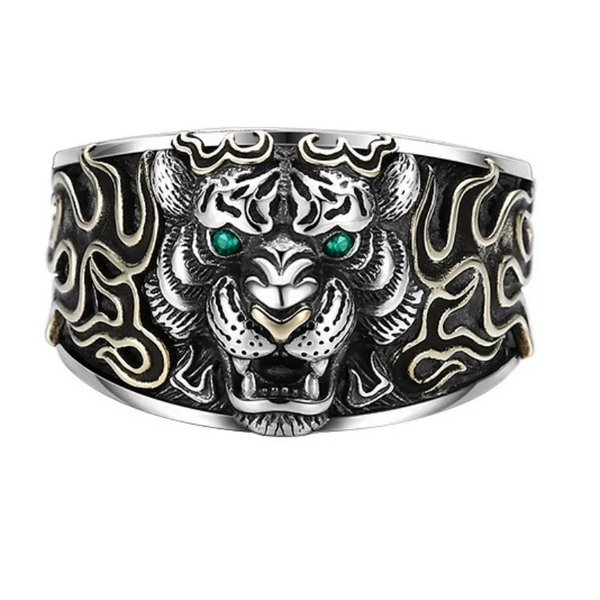 Stunning Engraved Tiger with Green Eyes Open Ring