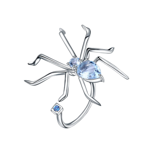 Natural Blue Topaz Pure S925 Silver Spider Open Ring