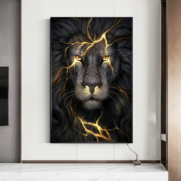 Abstract Golden Lightning Black Lion Canvas