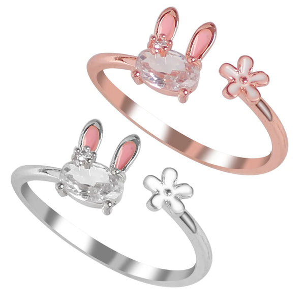 Adorable Bunny Flower Crystal Open Ring