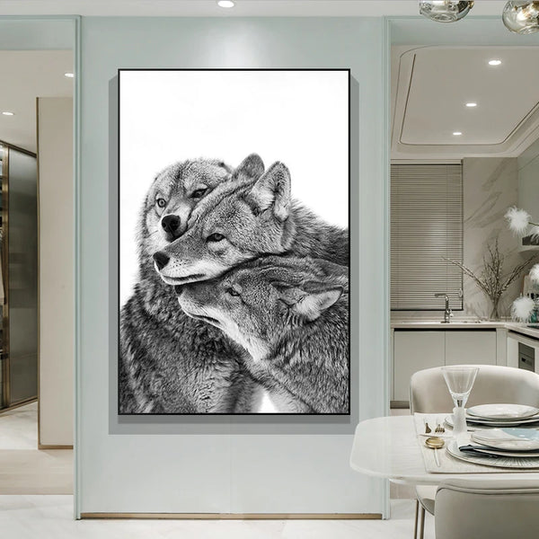 Amazing Black and White 3 Wolves Canvas