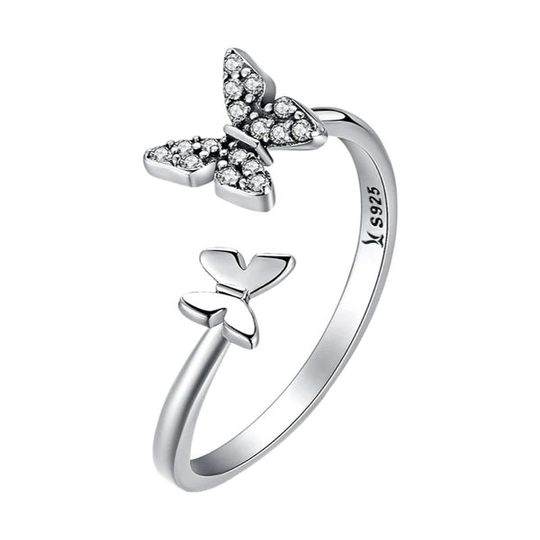 Luxury Pure S925 Silver Simple Double Butterfly Open Ring