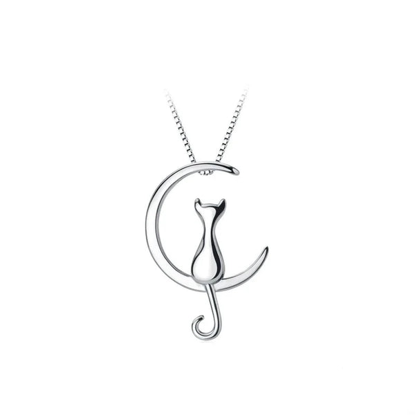 Luxury Simple Pure S925 Silver Cat Moon Necklace