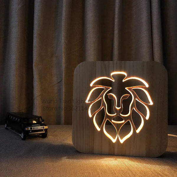 3D Wooden Led Lion Lamp