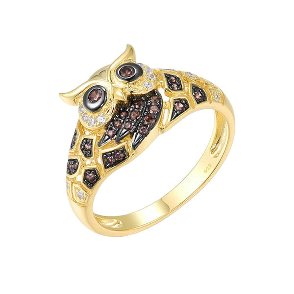 Luxury Pure 925 Sterling Silver 18K Gold Plated Crystal Owl Ring