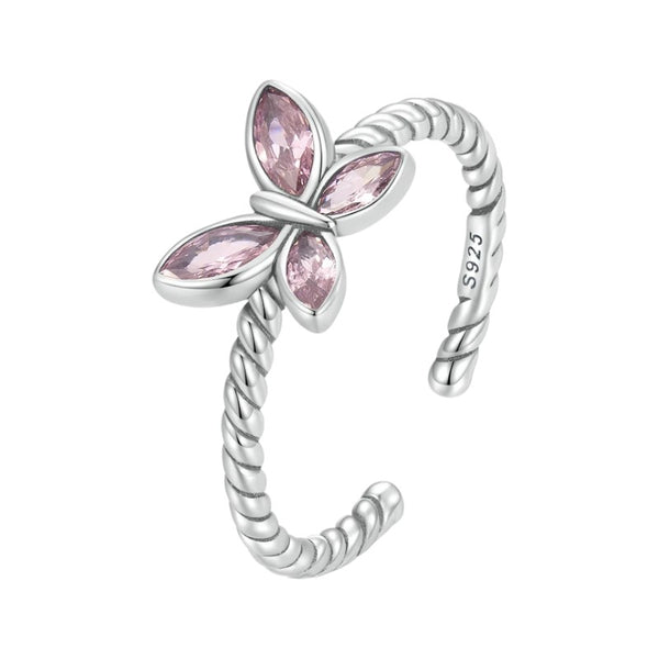 Pure 925 Sterling Silver Love Pink Butterfly Open Ring