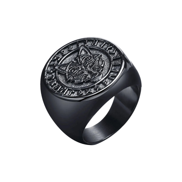 Gorgeous Black Round Viking Stamp Wolf Ring