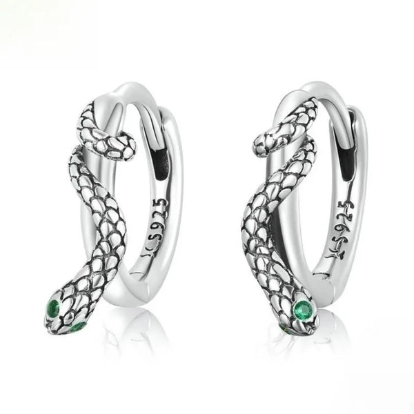 Stunning Pure 925 Sterling Silver Snake Green Eyes Earrings