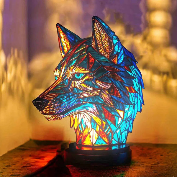 Stunning Stained Glass Resin Wolf Head Colorful Lamp