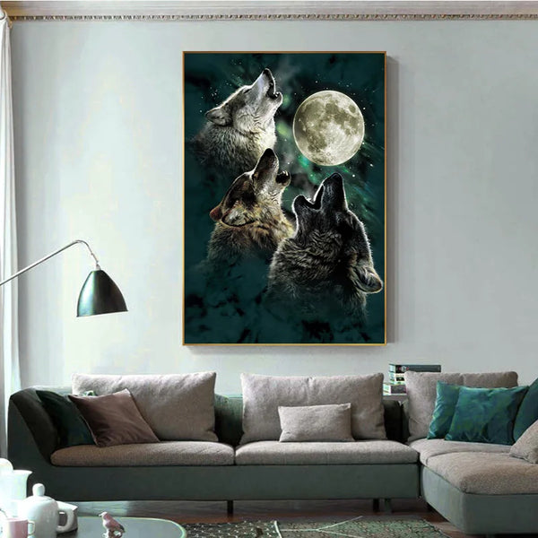 Amazing Triple Wolves Howling at the Moon Canvas