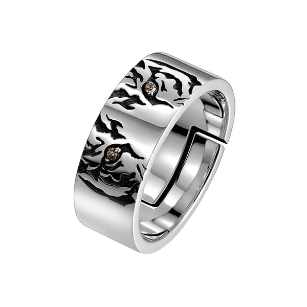 Stunning Stainless Steel Tiger Eyes and Face Engraved Open Ring