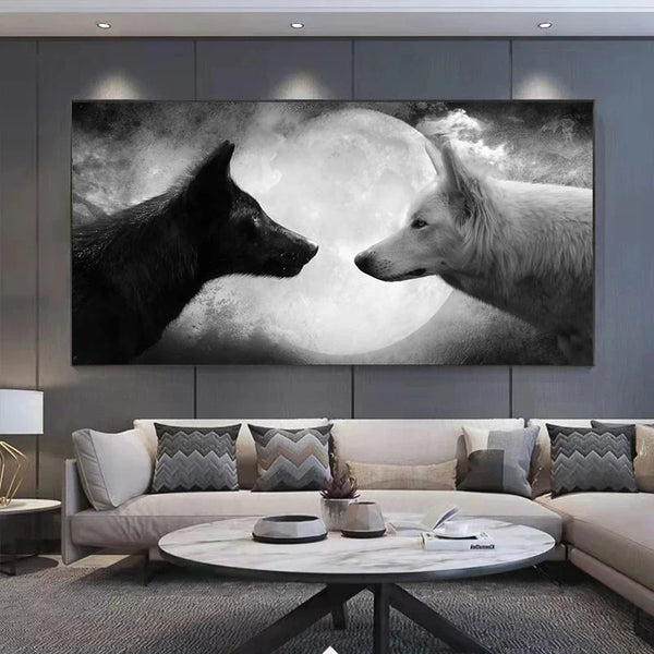 Sensational Black and White Wolves with Moon Canvas