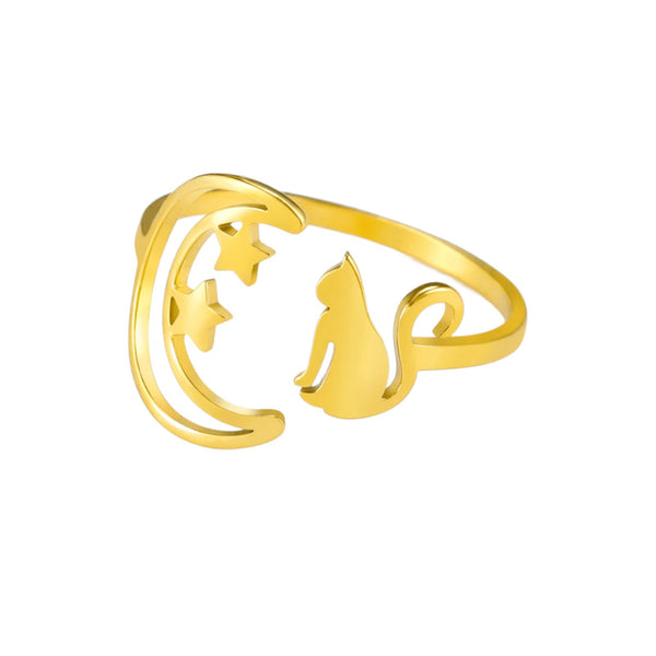 Cute Moon and Stars Cat Open Ring