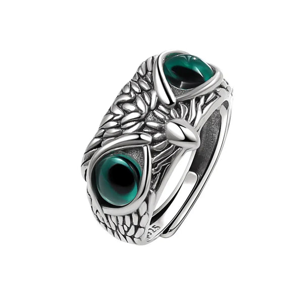 Pure 925 Sterling Silver Green Eyed Owl Ring