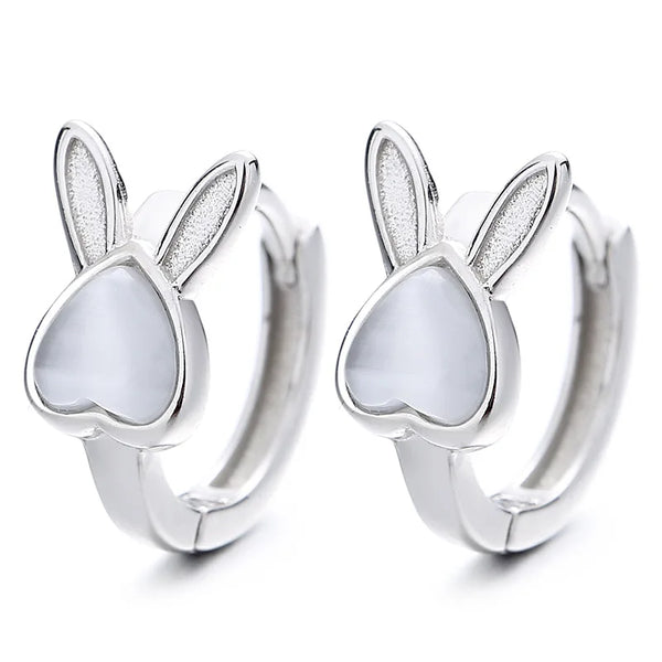 Opal S925 Silver Rabbit Bunny Hoop Earrings