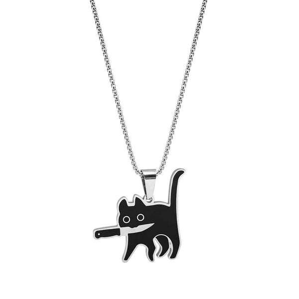 Funny Titanium Steel Cat with Knife in Mouth Necklace