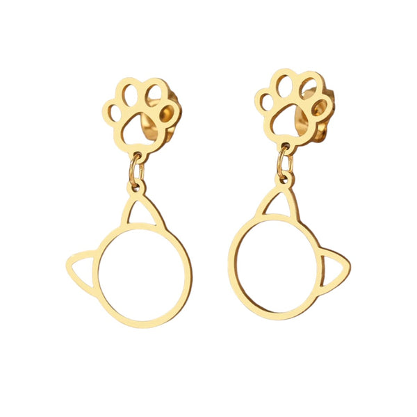 Superb Stainless Steel Cat and Paw Drop Earrings