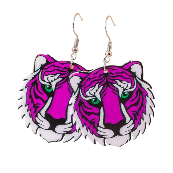 Cartoon Purple Tiger Drop Earrings