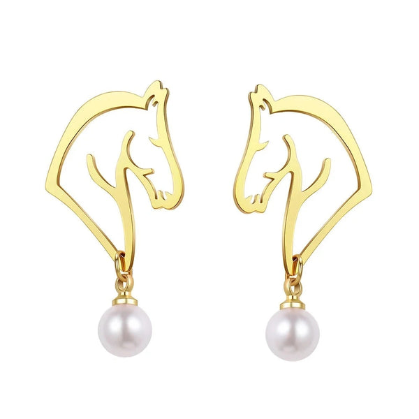 Stainless Steel Pearl Horse Head Earrings