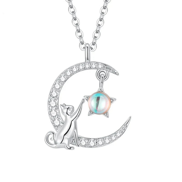 Luxury Pure S925 Silver Cat Moon and Star Necklace