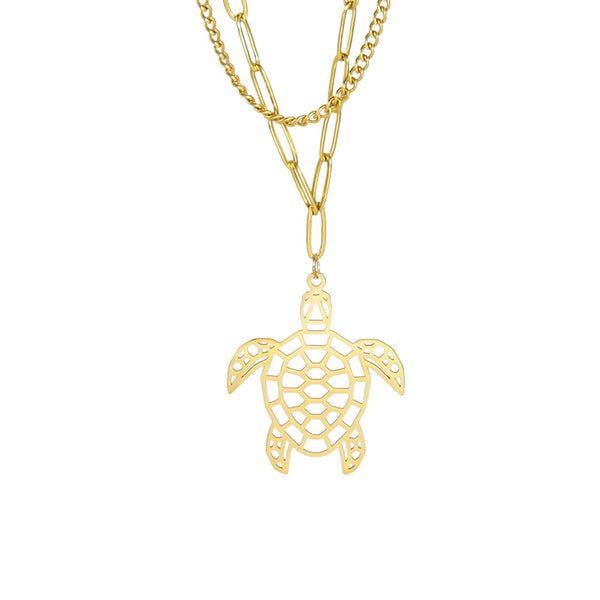 Simple Stainless Steel Hollow Double Chain Turtle Necklace